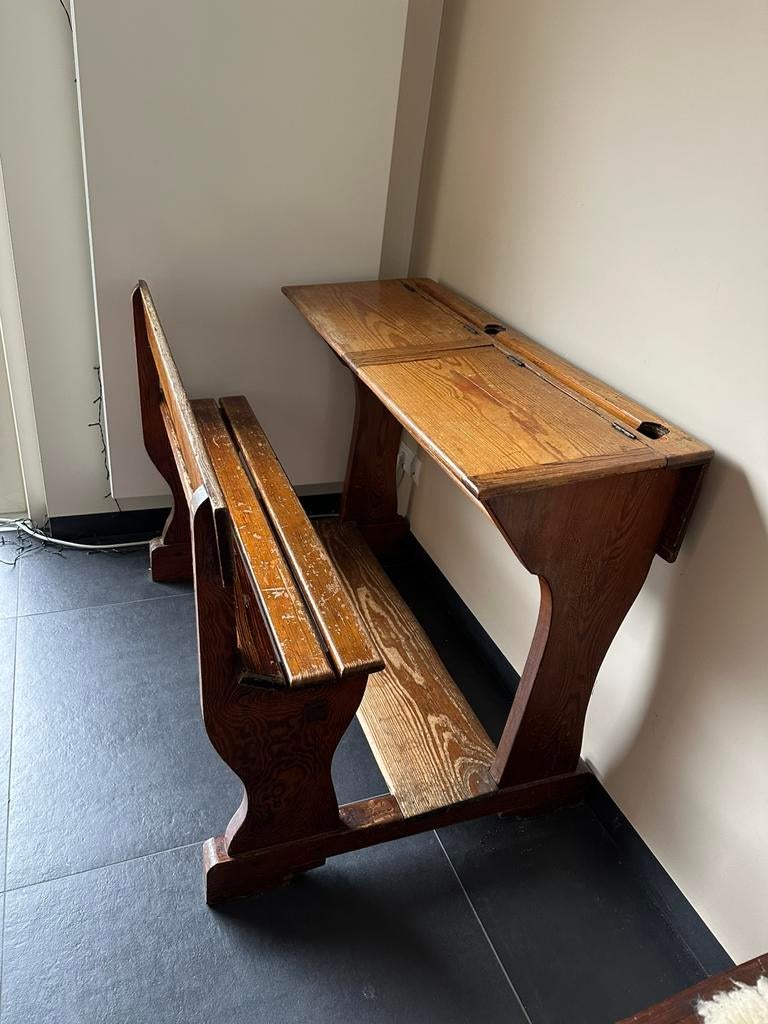Antiek (vooroorlogs) houten schoolbankje 2 persoons, Antiek en Kunst, Antiek | Meubels | Stoelen en Banken, Ophalen