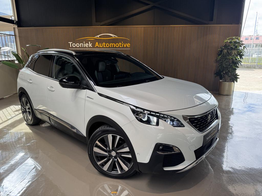 Peugeot 3008 1.6 GT Hybride 4 300 PK AWD Panorama Automaat n, Auto's, Peugeot, Automaat, Gebruikt, Zwart, Leder en Stof