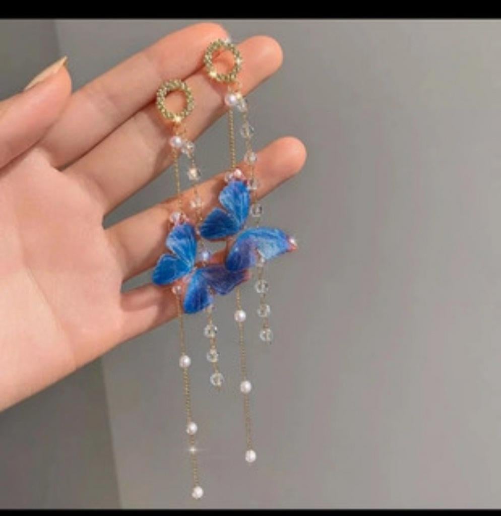 Nieuwe vlinder oorbellen met parels en kristallen, Overige materialen, Hangers, Blauw, Nieuw