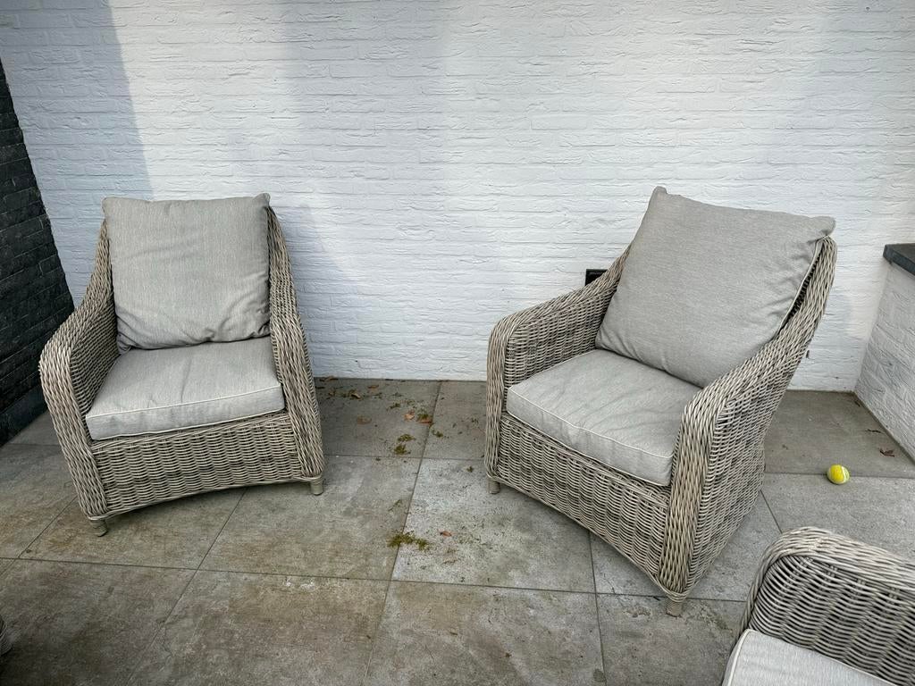Twee wicker tuinstoelen met kussens, Gebruikt, Loungeset, Wicker, Stoel