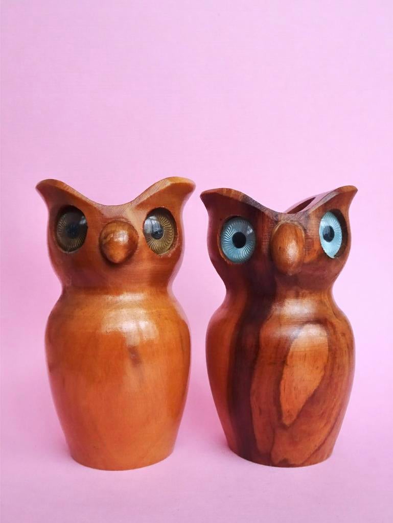 Vintage 60s 70s retro uil uiltje kandelaar vaas beeldje hout, Ophalen, Overige materialen