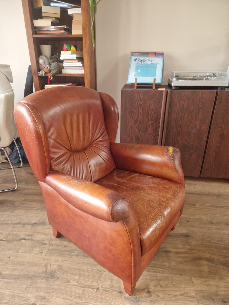 Cognac leren fauteuil - gebruikt, Ophalen, Gebruikt, Overige materialen