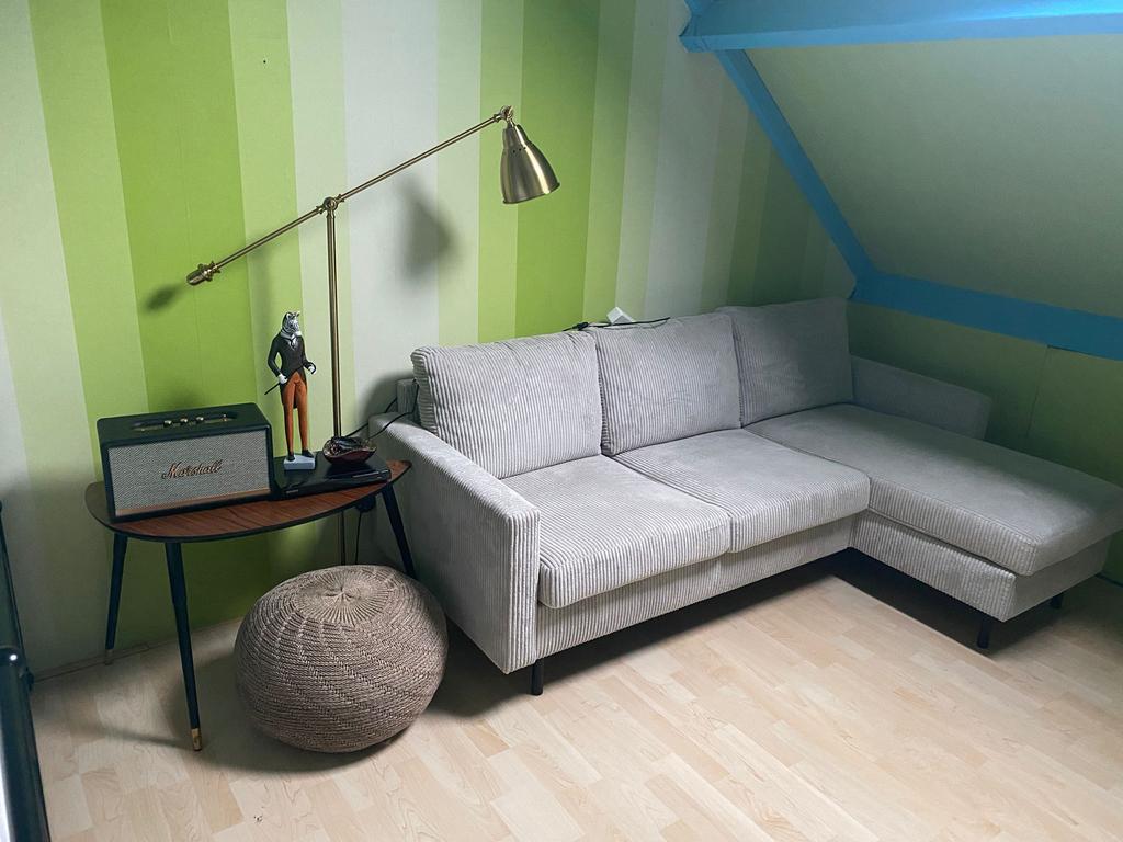 Bank corduroy ripstof grijs 3 zits, Ophalen, 150 tot 200 cm, Hoekbank, Driepersoons