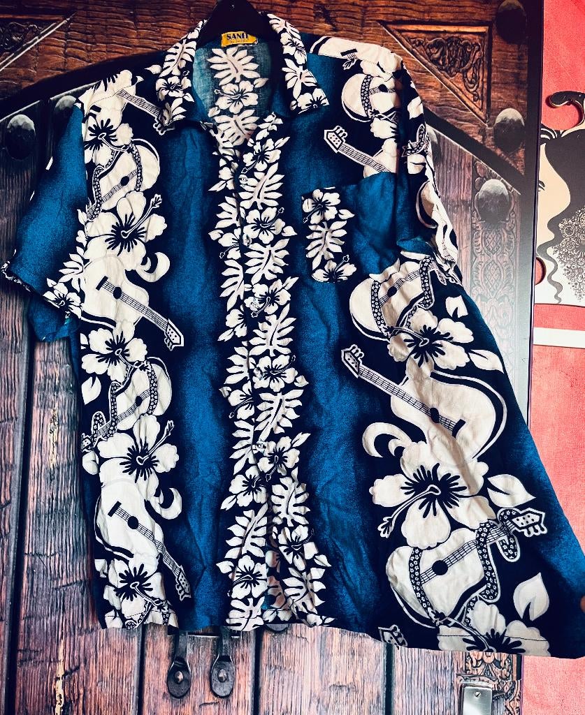 Mooi katoenen Hawaii overhemd maat M/L nu 21,99€, Blauw, Zo goed als nieuw, Halswijdte 41/42 (L), Sanit