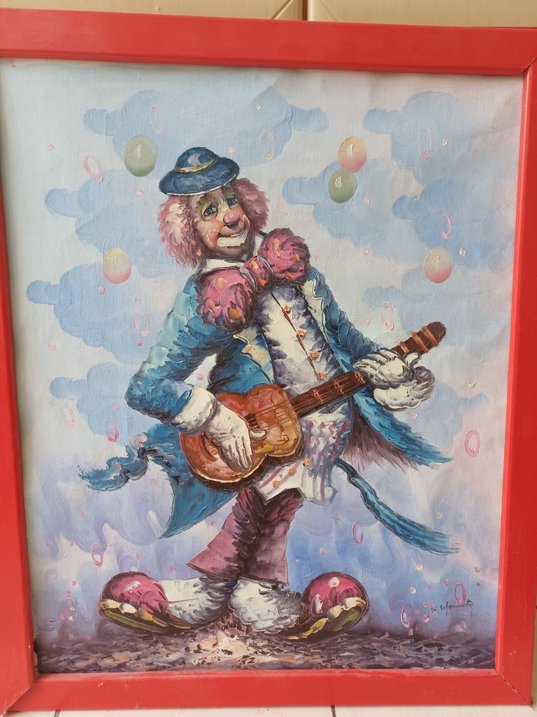 Schilderij Clown met Gitaar -  w moninet- 70x58 cm, Ophalen of Verzenden