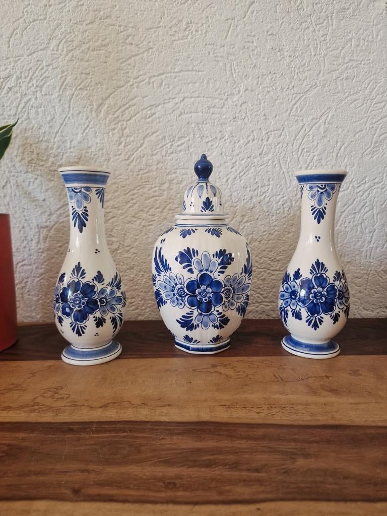 Vintage Delfts Blauw Vaas Set – Handgeschilderd – 3 Vazen, Ophalen of Verzenden