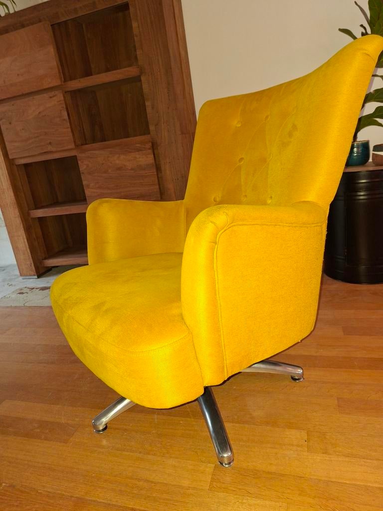 Vintage Gele Fauteuil - Draaibaar - Comfortabel, Huis en Inrichting, Fauteuils, Gebruikt, Metaal, Stof, 75 tot 100 cm, 75 tot 100 cm
