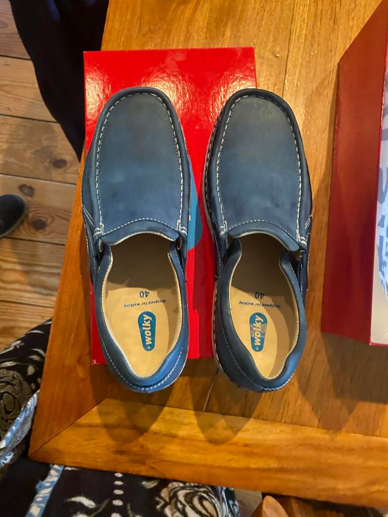 Wolky instappers, blauw, leer, maat 40, Kleding | Dames, Schoenen, Verzenden, Zo goed als nieuw, Blauw, Instappers