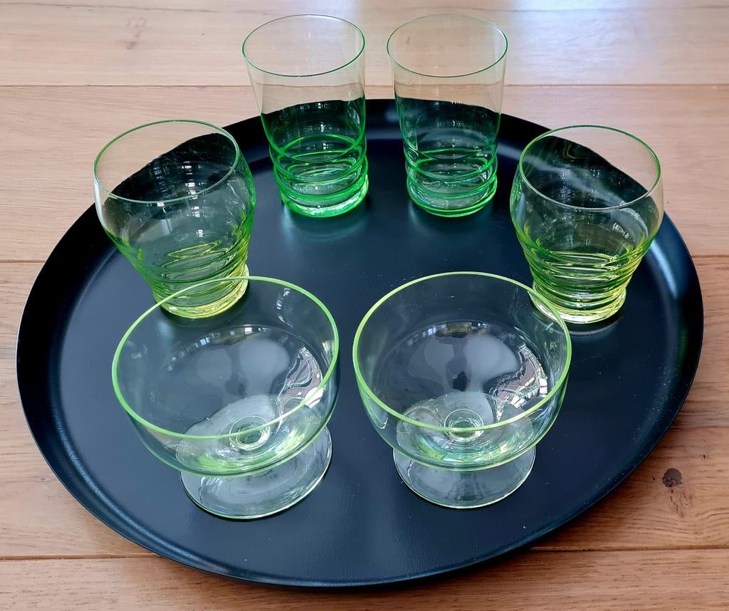 Vintage groen glaswerk - set van 6 stuks, Antiek en Kunst, Antiek | Glas en Kristal, Ophalen