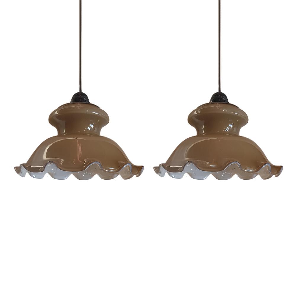 2 vintage glas hanglampen, Huis en Inrichting, Gebruikt, -, -, Vintage