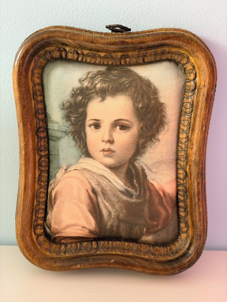 Vintage Portret Jongen - Zijden Afbeelding in Houten Lijst, Antiek en Kunst, Kunst | Schilderijen | Klassiek, Ophalen of Verzenden
