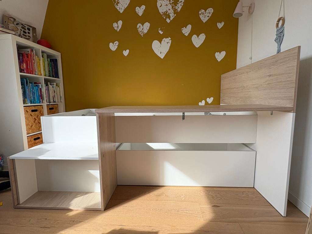 Tiener bed met bureau en lade, Huis en Inrichting, Slaapkamer | Bedden, Ophalen, Overige materialen, Gebruikt, 90 cm