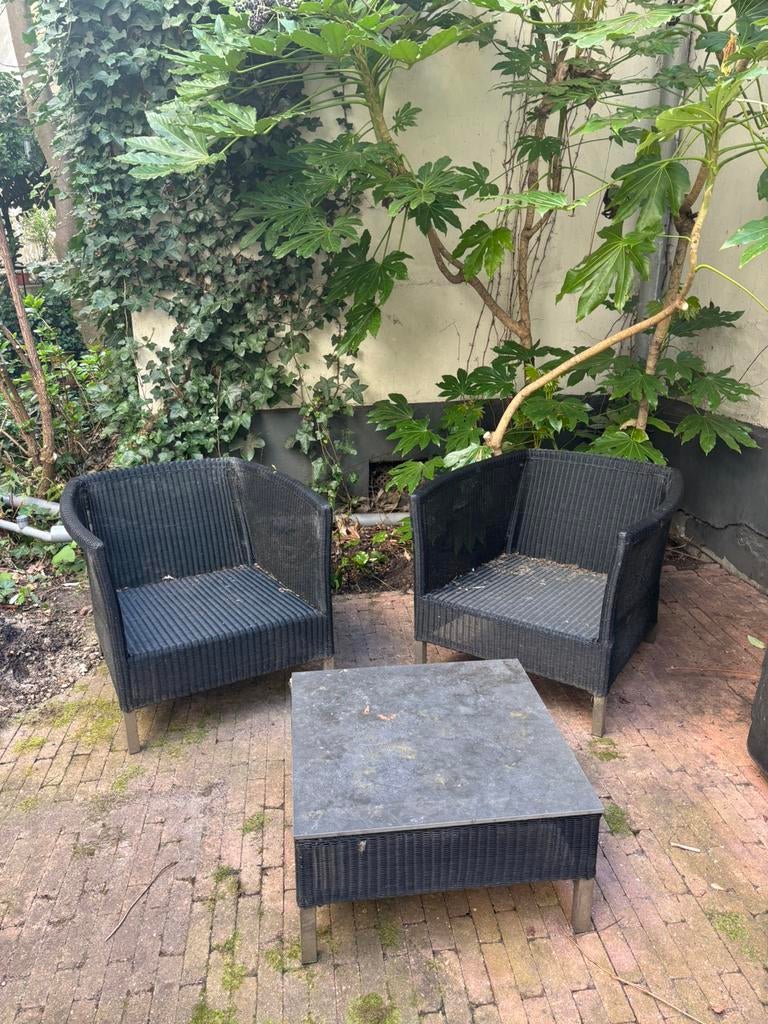 Rotan tuinset, zwarte loungeset, antraciet stoelen en tafel, Kunststof, Bijzettafel, Zo goed als nieuw, Loungeset