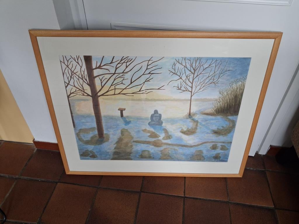 Ingelijste aquarel: Mediterende figuur in waterlandschap, Ophalen of Verzenden