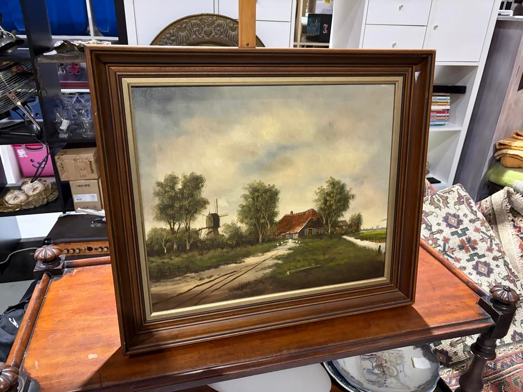Schilderij Hollands Landschap met Molen en Boerderij, Ophalen of Verzenden