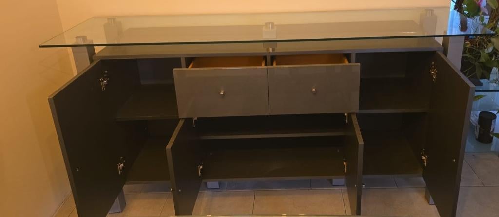 Modern dressoir / buffetkast met glasplaat – 200 cm breed, Ophalen, Gebruikt, Met deur(en), 150 tot 200 cm