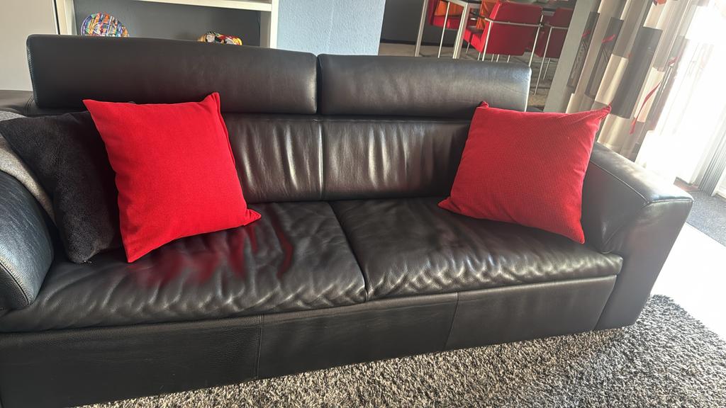 Leolux Howlazy Bank - Zwart Leer met Draaibare Rugsteunen, Ophalen, Gebruikt, Driepersoons, 200 tot 250 cm