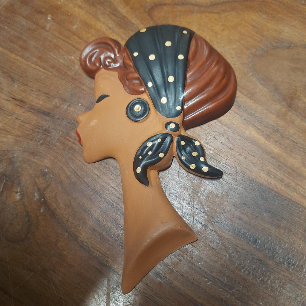 Leuk fifties vintage mid century vrouwenhoofd met hoofddoek, Ophalen of Verzenden