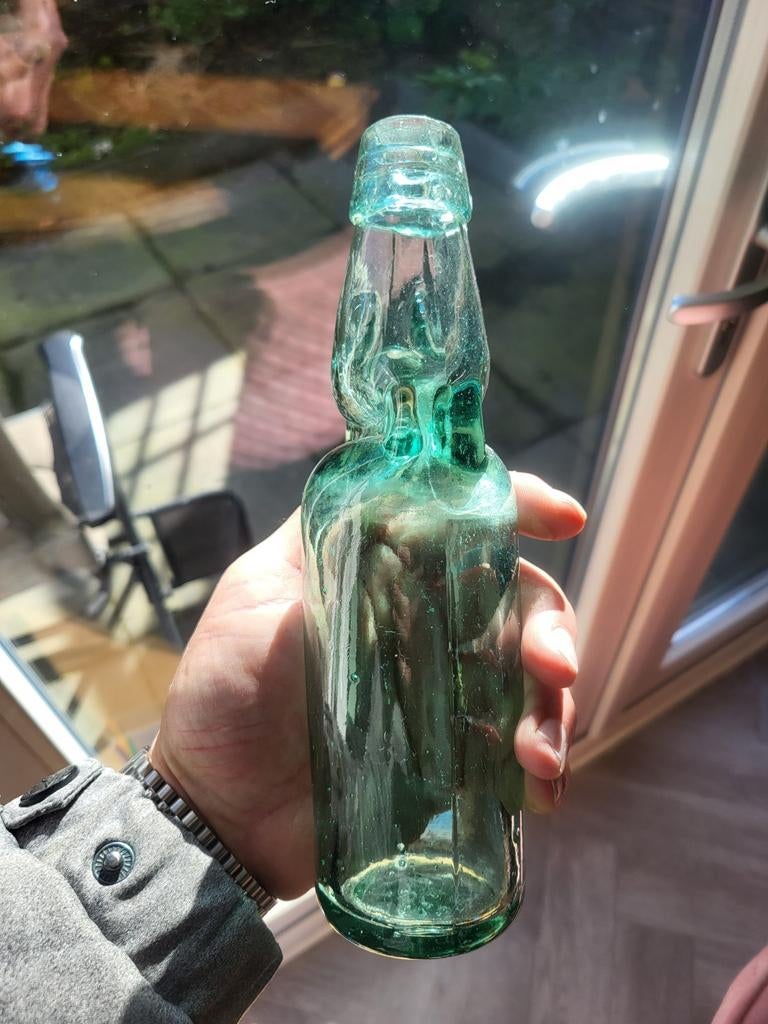 Antieke Knikkerfles - Groen Glas, Ophalen of Verzenden