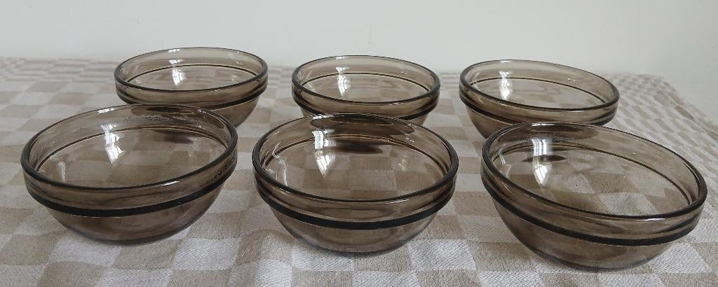 Set van 6 Arcoroc France rookglas schaaltjes, stapelbaar, Gebruikt, Ophalen of Verzenden, Overige stijlen, Glas
