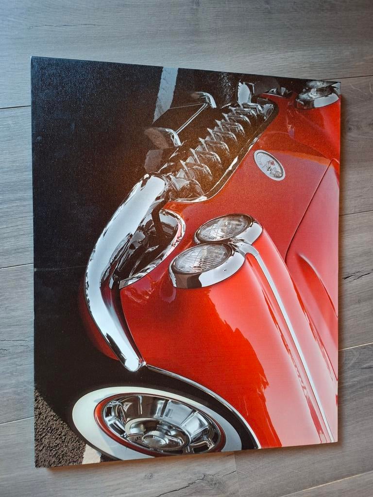 Canvas Schilderij Klassieke Rode Auto, Ophalen of Verzenden, Zo goed als nieuw, Schilderij
