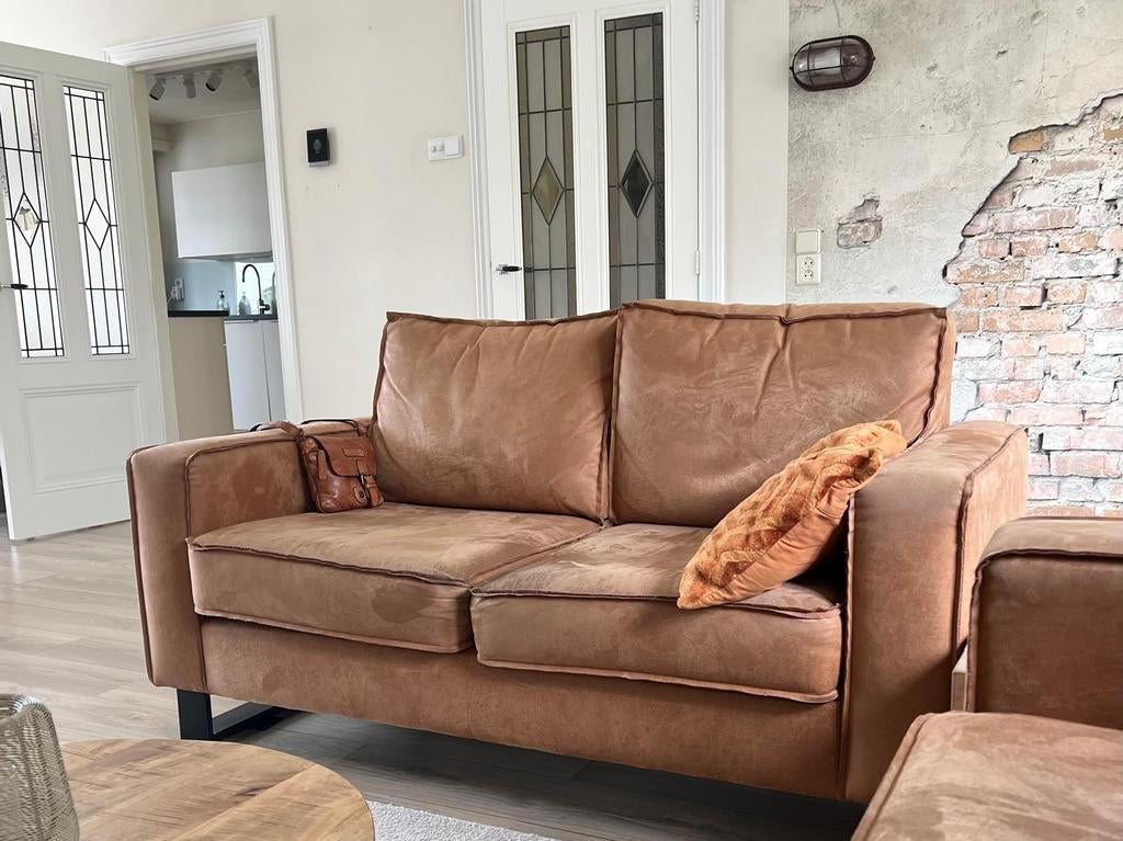 Bank 2 en 2.5 zits nubbix leer. transport.mog., Ophalen, Leer