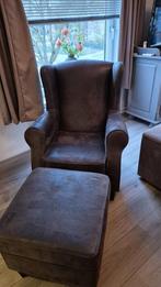 Comfortabele fauteuil met voetenbank - Bruin suède look, Ophalen, Gebruikt, 75 tot 100 cm, 75 tot 100 cm