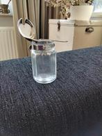 Glazen mosterd potje met zilverkleurig deksel en lepeltje, Ophalen of Verzenden