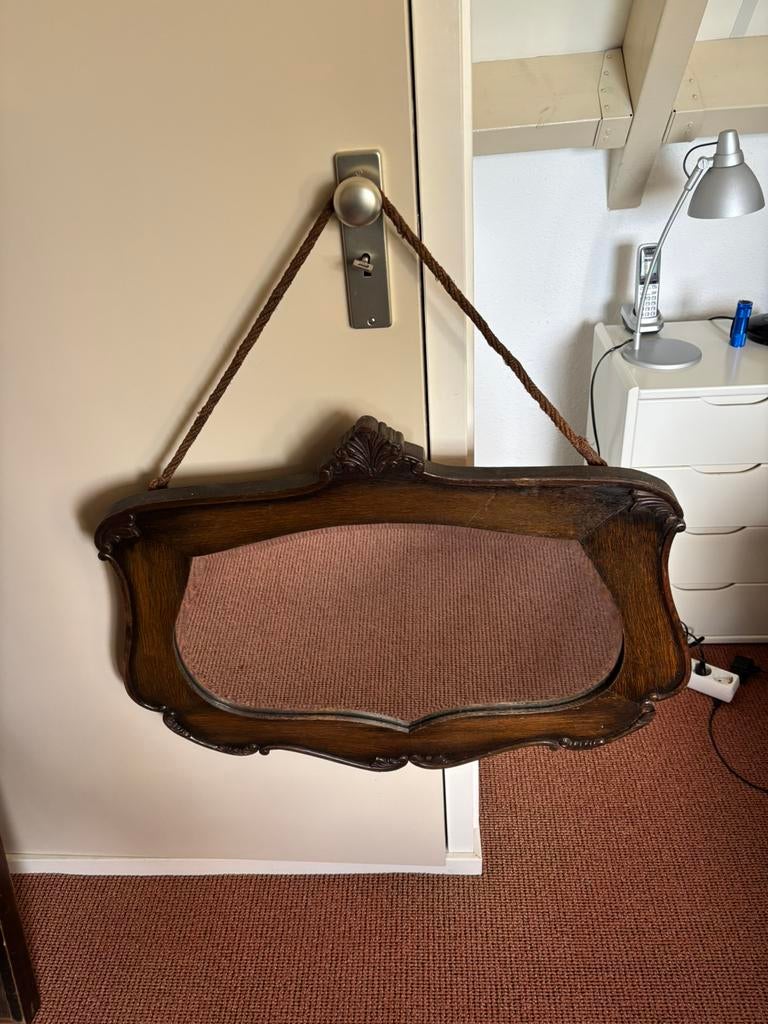 Mooie antieken spiegel in houten lijst, Ophalen, Ovaal, 50 tot 100 cm, Minder dan 100 cm