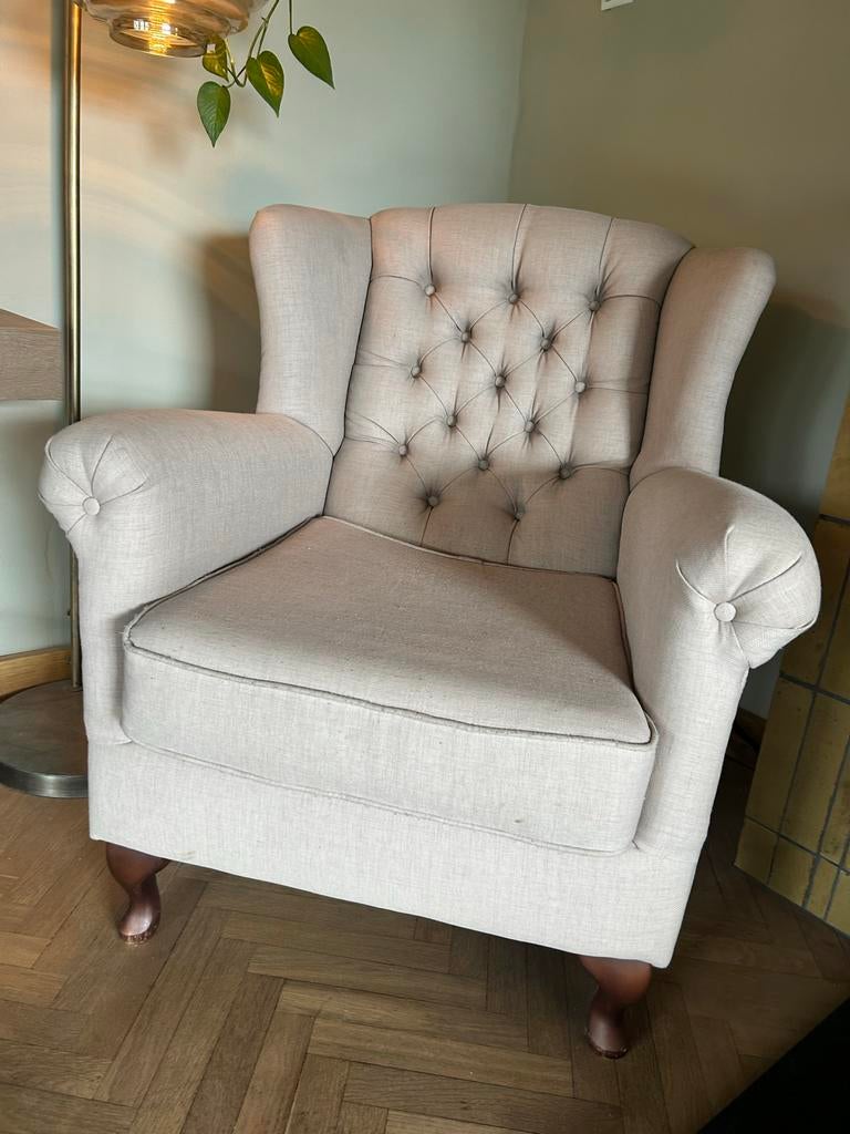 Landelijke fauteuil beige - Comfortabel en stijlvol, Ophalen, Gebruikt, 75 tot 100 cm, Landelijk