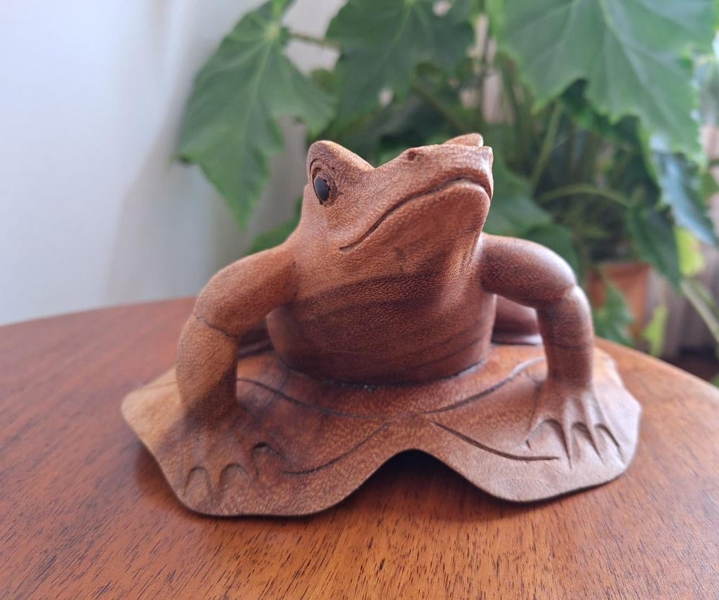 Massief houten kikker op waterlelieblad, Ophalen of Verzenden, Gebruikt, Dier