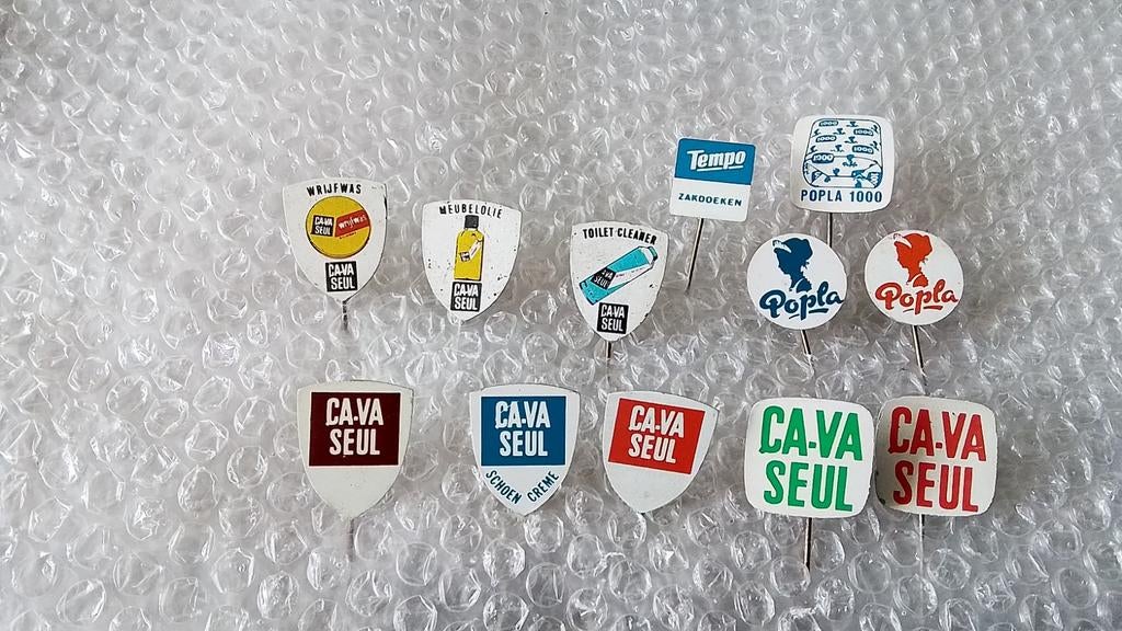 12 verschillende speldjes ca-va seul, popla, tempo, Verzamelen, Speldjes, Pins en Buttons, Ophalen of Verzenden, Zo goed als nieuw