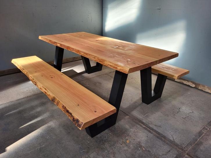 Picknicktafel staal en douglas/lariks hout. W frame Boomstam, Niet ingevuld, Niet ingevuld, Nieuw, Ophalen of Verzenden