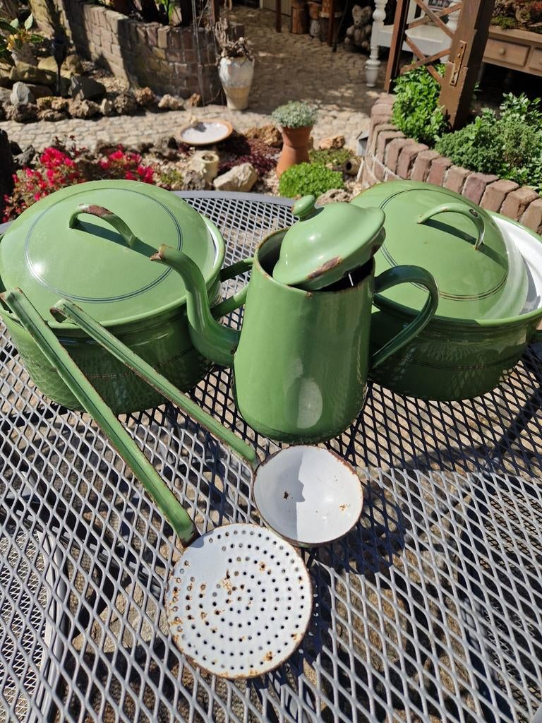 Brocante geëmailleerde groene keukenset, Antiek en Kunst, Ophalen of Verzenden