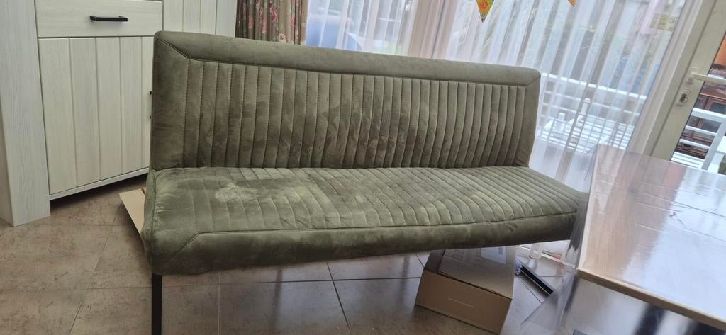 Eetkamerbank (170cm, donkergroen) met 3 grijze stoelen, Huis en Inrichting, Tafels | Eettafels, Ophalen, Gebruikt, Vijf personen of meer