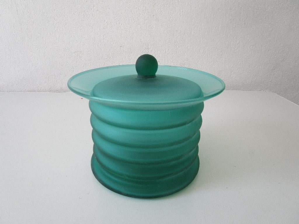 Turquoise glazen pot, met deksel. Matglas, frosted glas., Ophalen of Verzenden, Zo goed als nieuw, Glas
