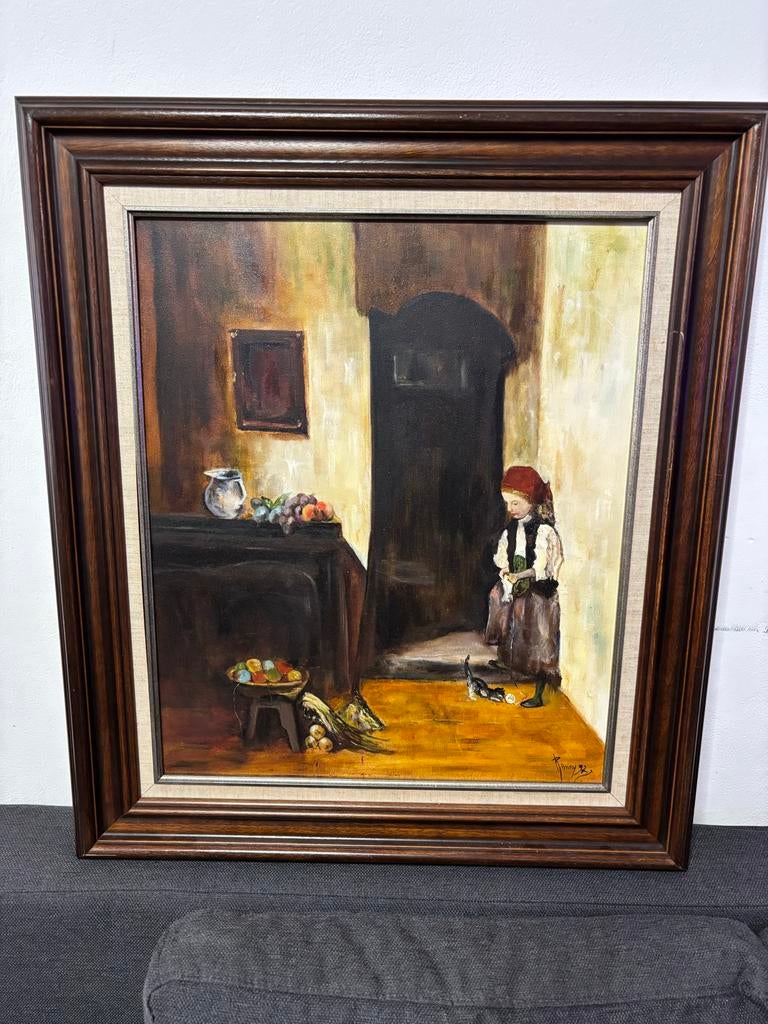 Olieverfschilderij: Meisje met Kat en stilleven, Antiek en Kunst, Ophalen of Verzenden
