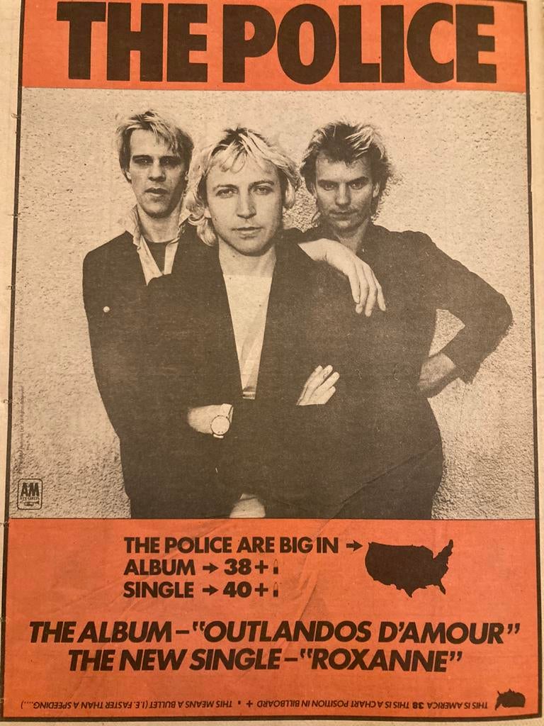 Paginagrote A3 advertentie POLICE Roxanne release OUTLANDOS, Ophalen of Verzenden