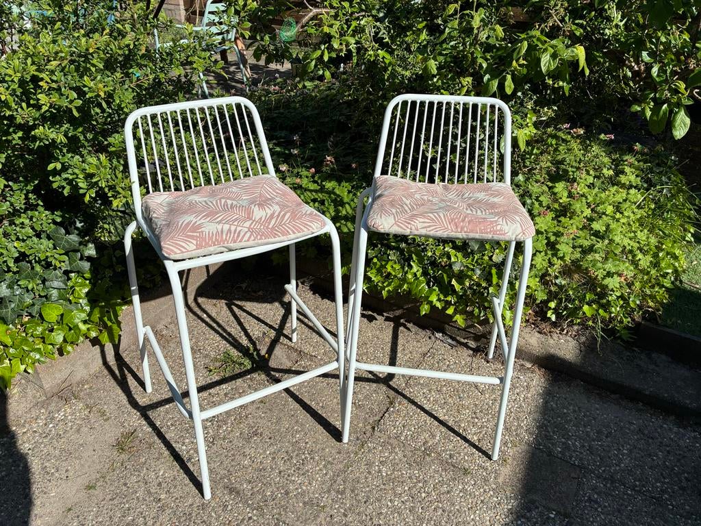 Set van 2 barkrukken / hoge stoelen met kussens, Ophalen, Gebruikt, Met voetsteun, 60 tot 90 cm