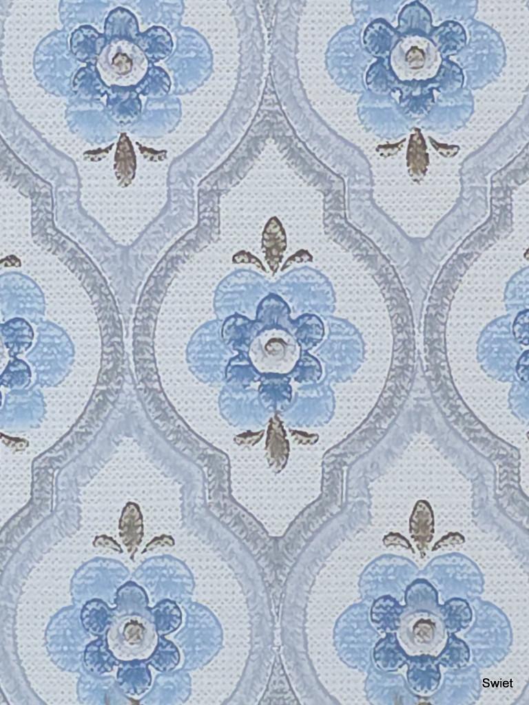 8187 vintage klein barok bloemenbehang blauw grijs 70s swiet, Ophalen of Verzenden, Minder dan 10 m², Grijs