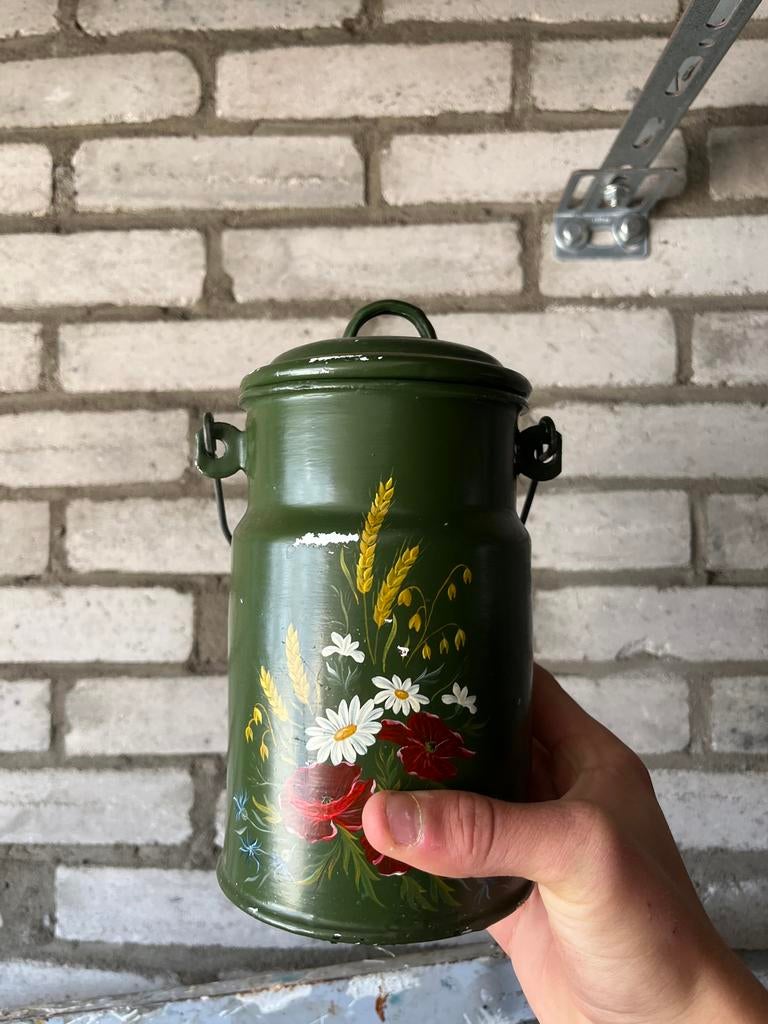 Groene emaille melkbus met bloemen, Ophalen of Verzenden