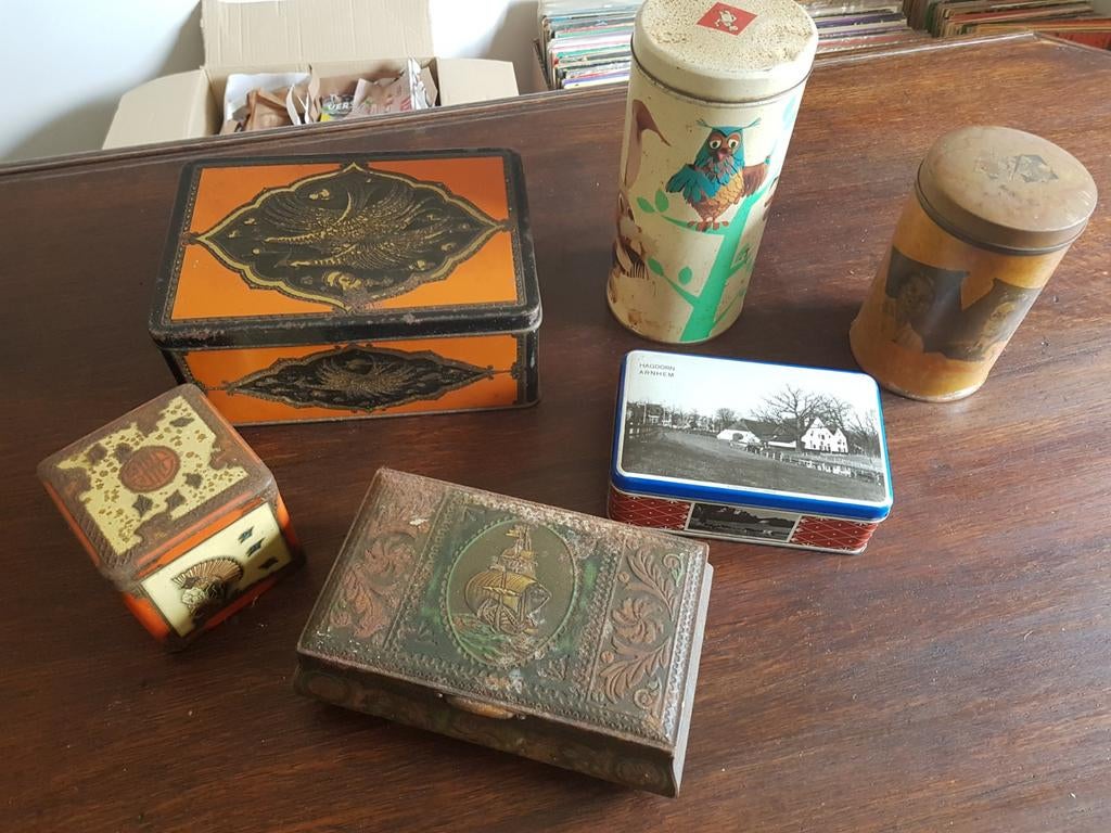 6 oude blikken trommel beschuitbus, Verzamelen, Blikken, Ophalen, Gebruikt, Overige, Overige merken