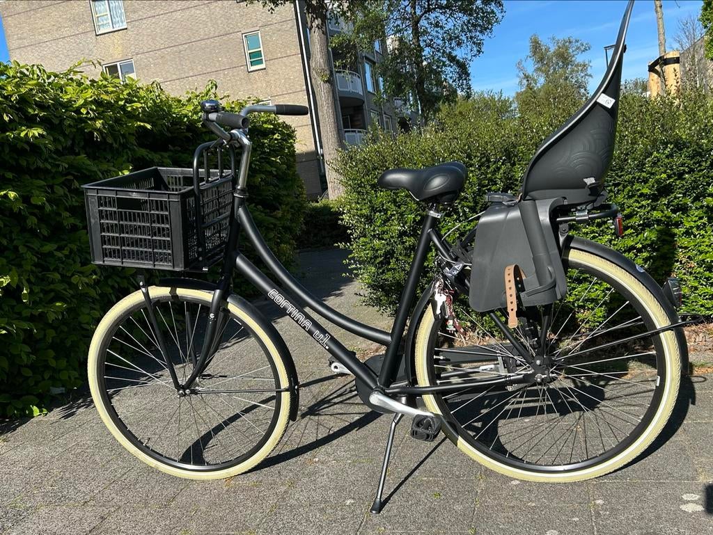Cortina U1 damesfiets met Urban Iki kinderstoel en mand, Terugtraprem, Gebruikt, 50 tot 53 cm, Ophalen