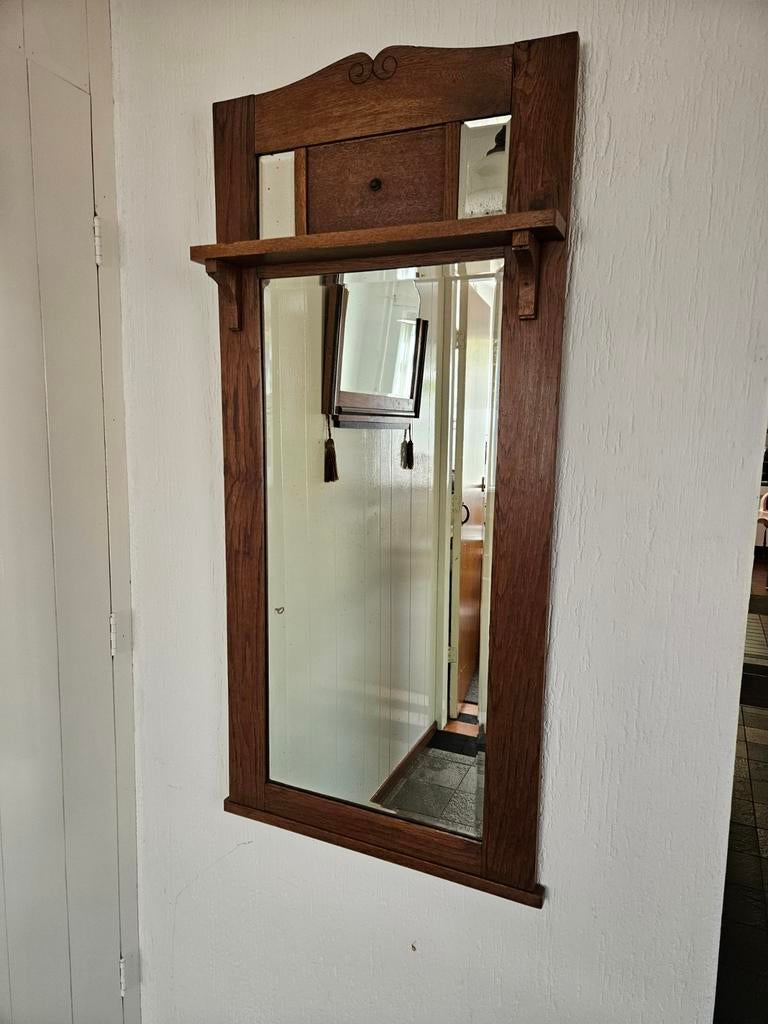 Prachtige Antieke Eiken Spiegel met Planchet – Art Deco / Ar, Antiek en Kunst, Ophalen of Verzenden, Rechthoekig