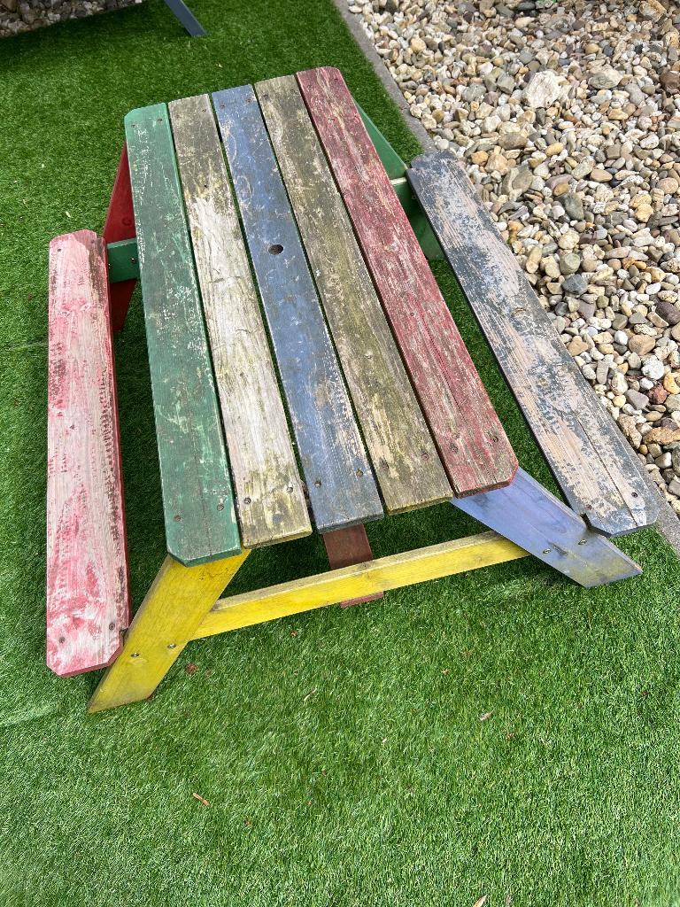 Minder tuintafel met bankje gratis, Ophalen, Gebruikt, Rechthoekig, Hout