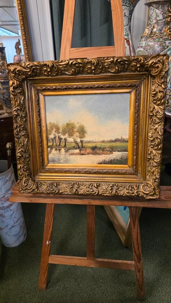 Antiek Hollands Landschap Schilderij met Gouden Lijst, Antiek en Kunst, Kunst | Schilderijen | Klassiek, Ophalen