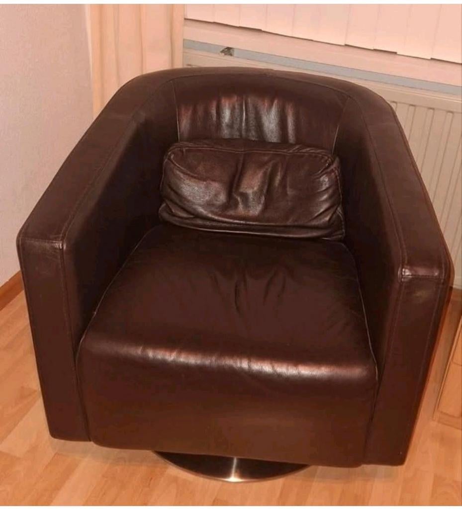 Draaibare bruine leren fauteuil stoel, Huis en Inrichting, Ophalen, Gebruikt, Eenpersoons, Minder dan 75 cm