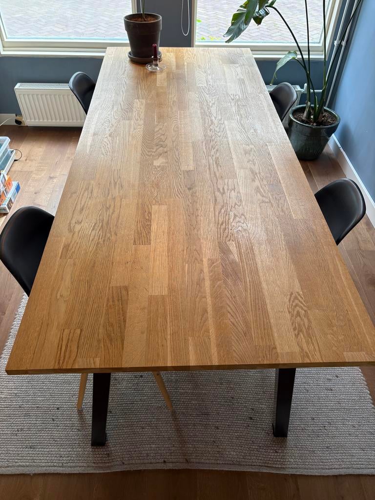Houten eettafel 220x90 cm met zwarte poten, Huis en Inrichting, Tafels | Eettafels, Ophalen, Gebruikt, 200 cm of meer, 50 tot 100 cm