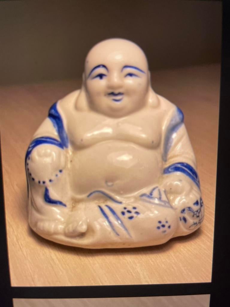 Chinees blauw wit porseleinen Boeddhabeeldje, Antiek en Kunst, Ophalen of Verzenden