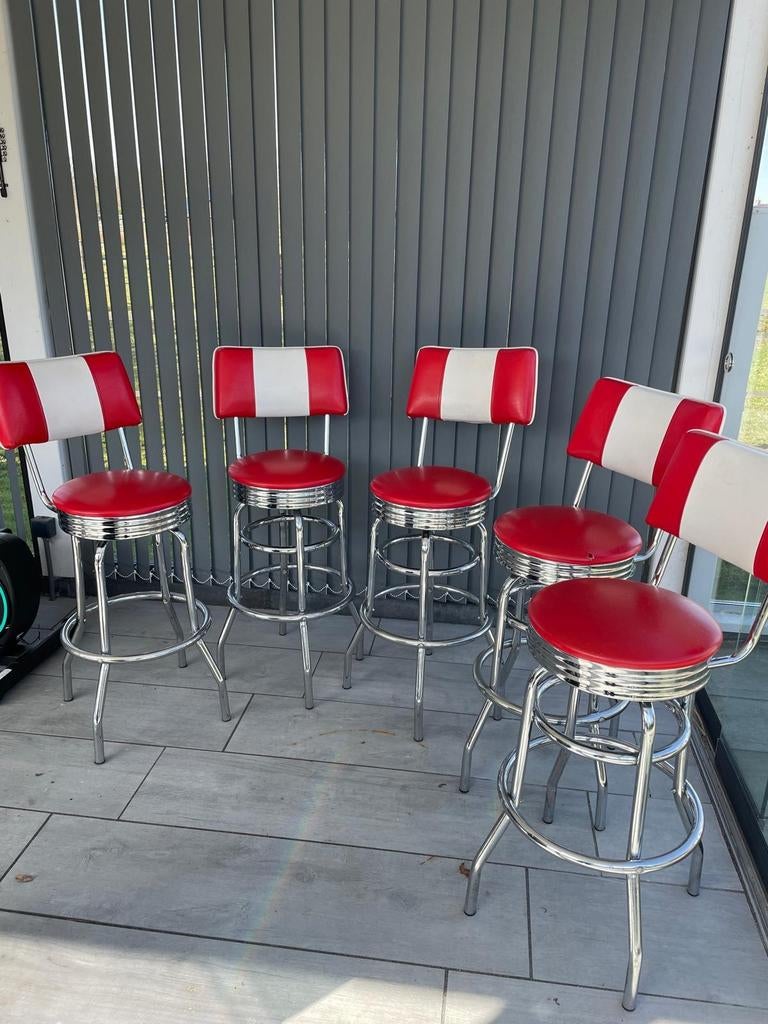 Barkrukken, 5 stuks, Bel Air retro look, American diner, Ophalen, Leer, Met voetsteun, 60 tot 90 cm